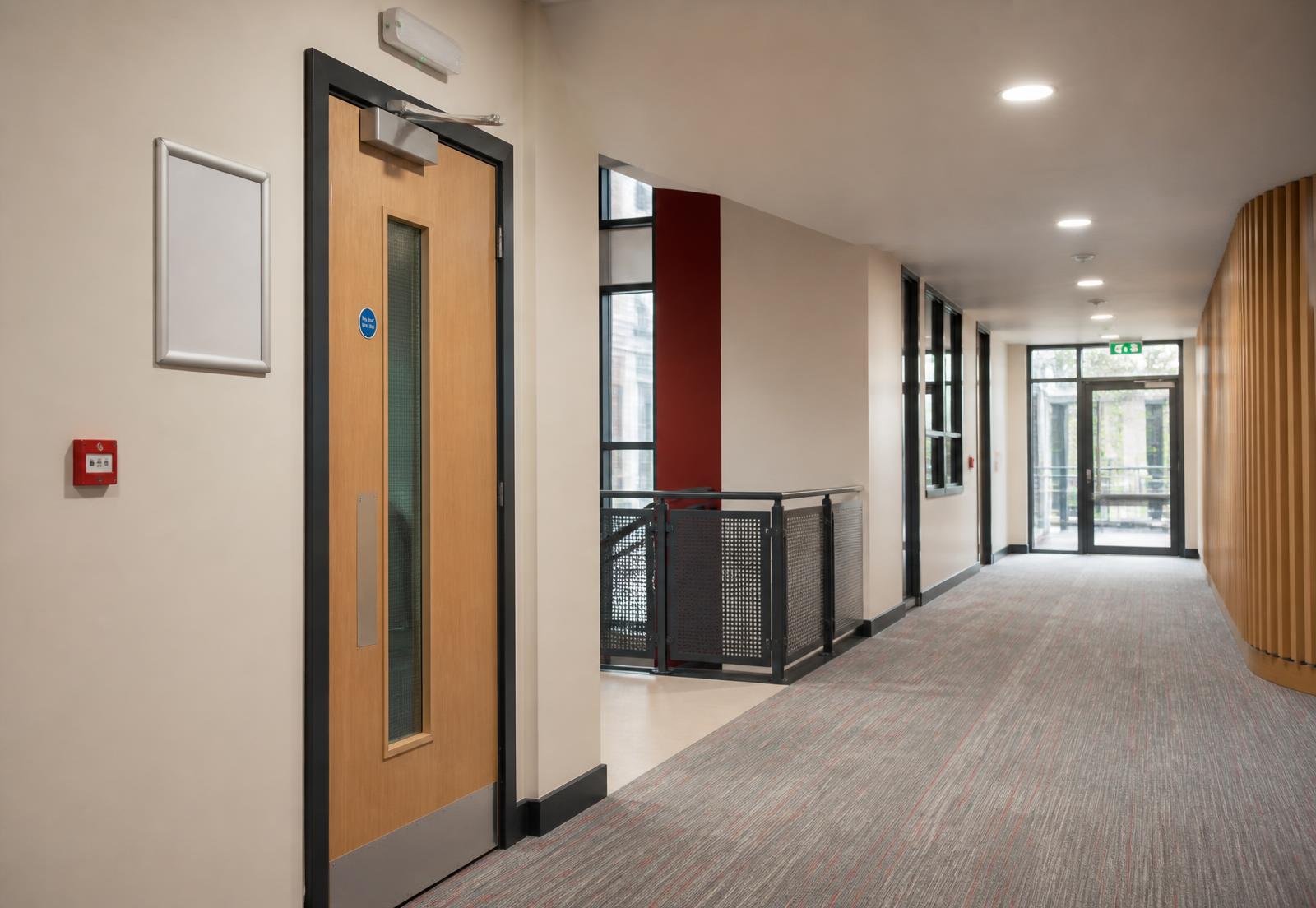 Contemporary building corridor with fire door, alarm call point, emergency lighting and exit route