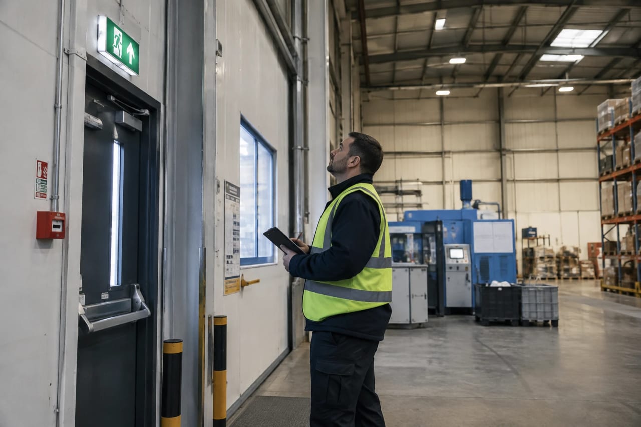 Fire-safety consultant assessing an industrial premises