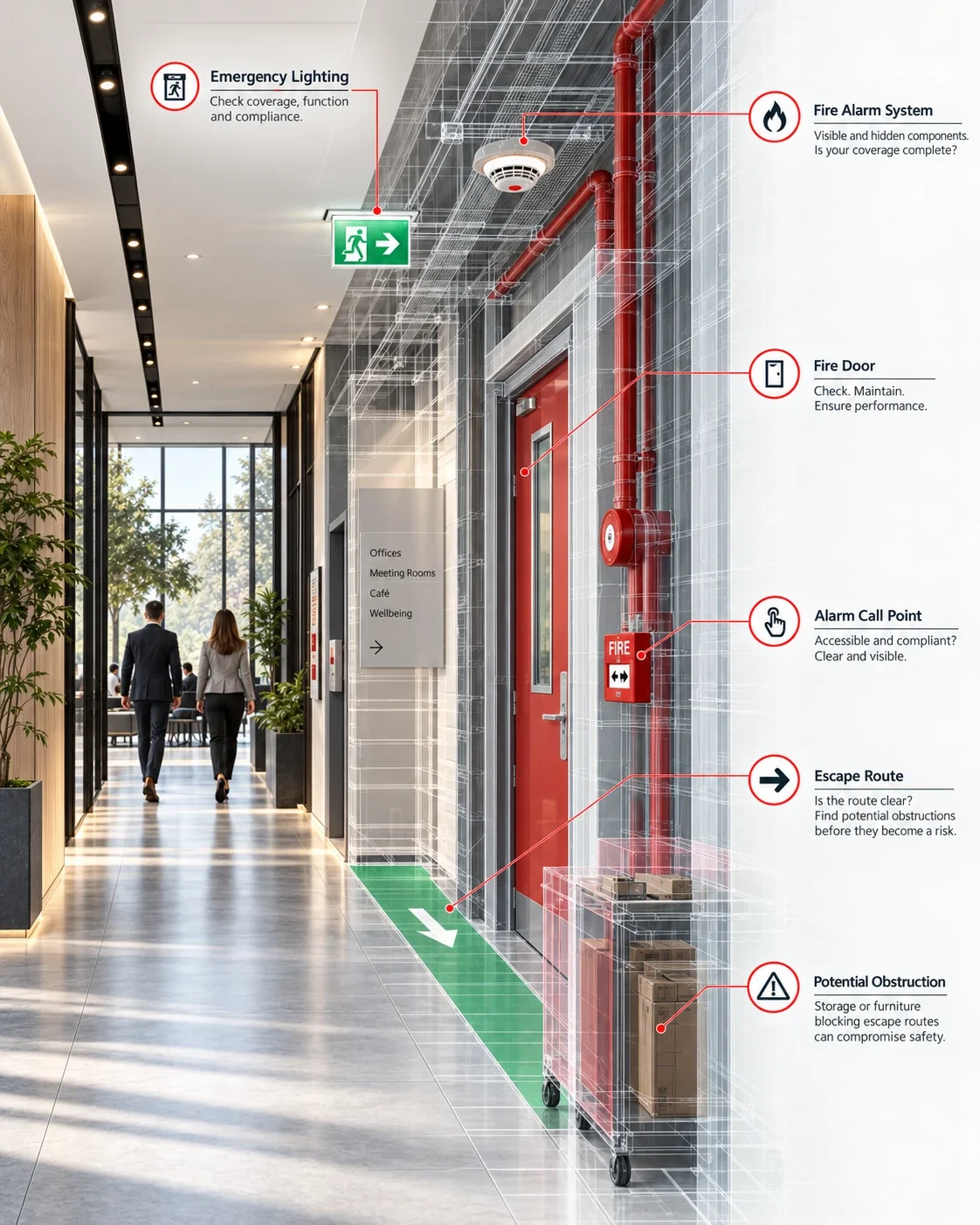 Annotated corridor showing the emergency lighting, fire alarm system, fire door, alarm call point, escape route and a potential obstruction a fire risk assessment considers.