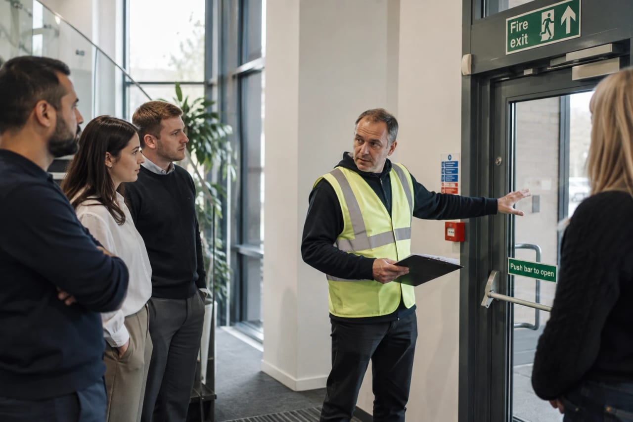 Fire-safety training taking place at an emergency exit