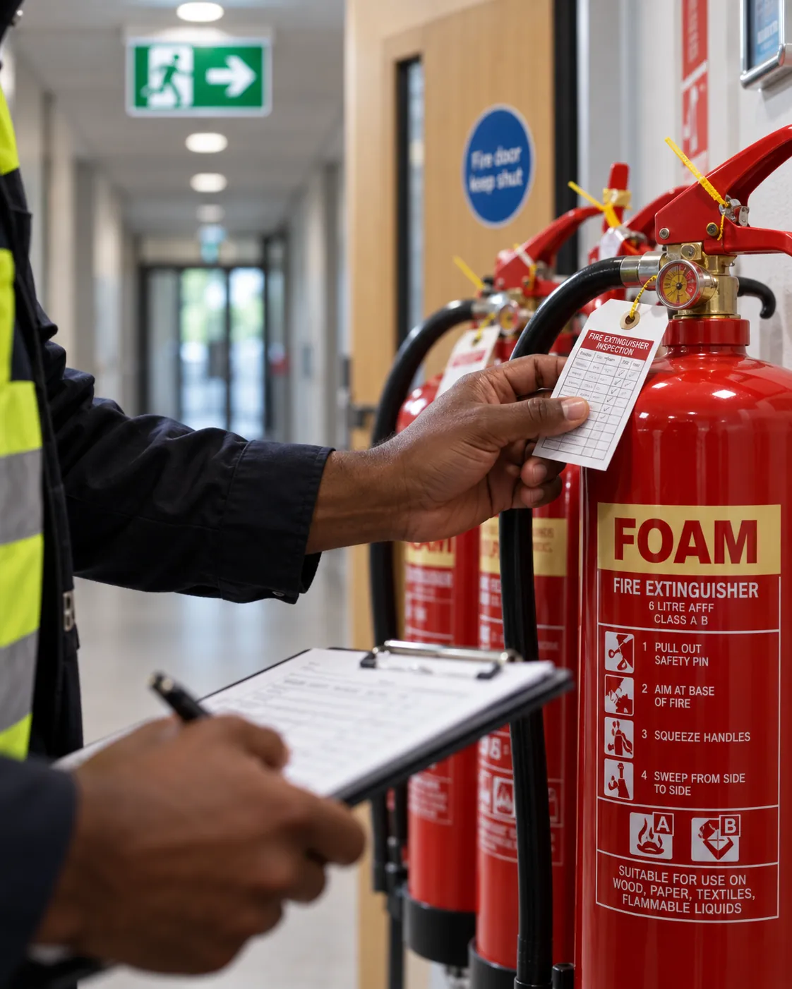 A fire-safety professional checking the inspection tag on a foam fire extinguisher in a building corridor