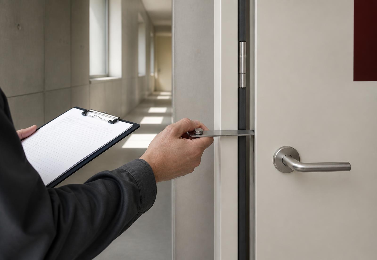 Specialist measuring the gap around a fire door